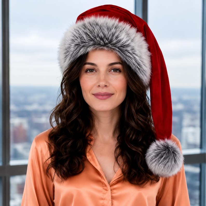 Classic Long Santa Hat with Grey Faux Fur Trim, view 3