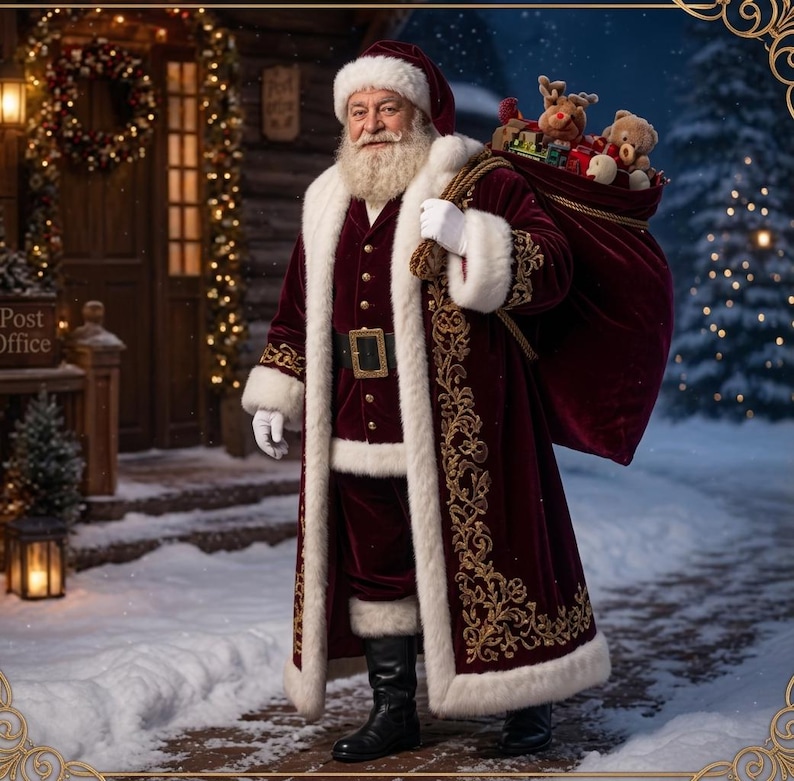 Elegant Burgundy Santa Coat – Luxury Father Christmas Robe, view 6