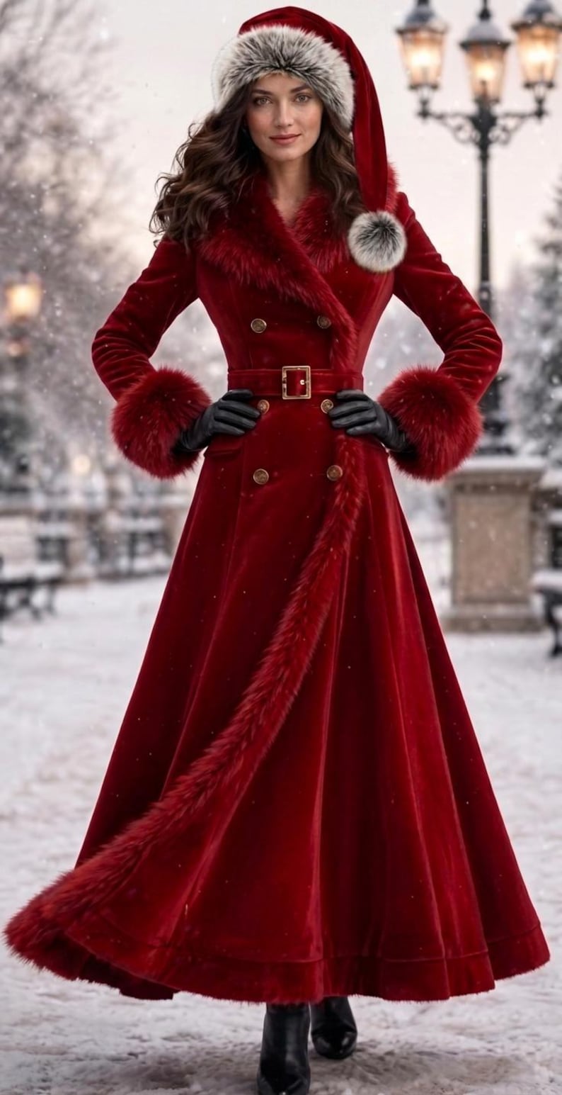 Elegant Christmas Red Fur Coat for Women, view 4