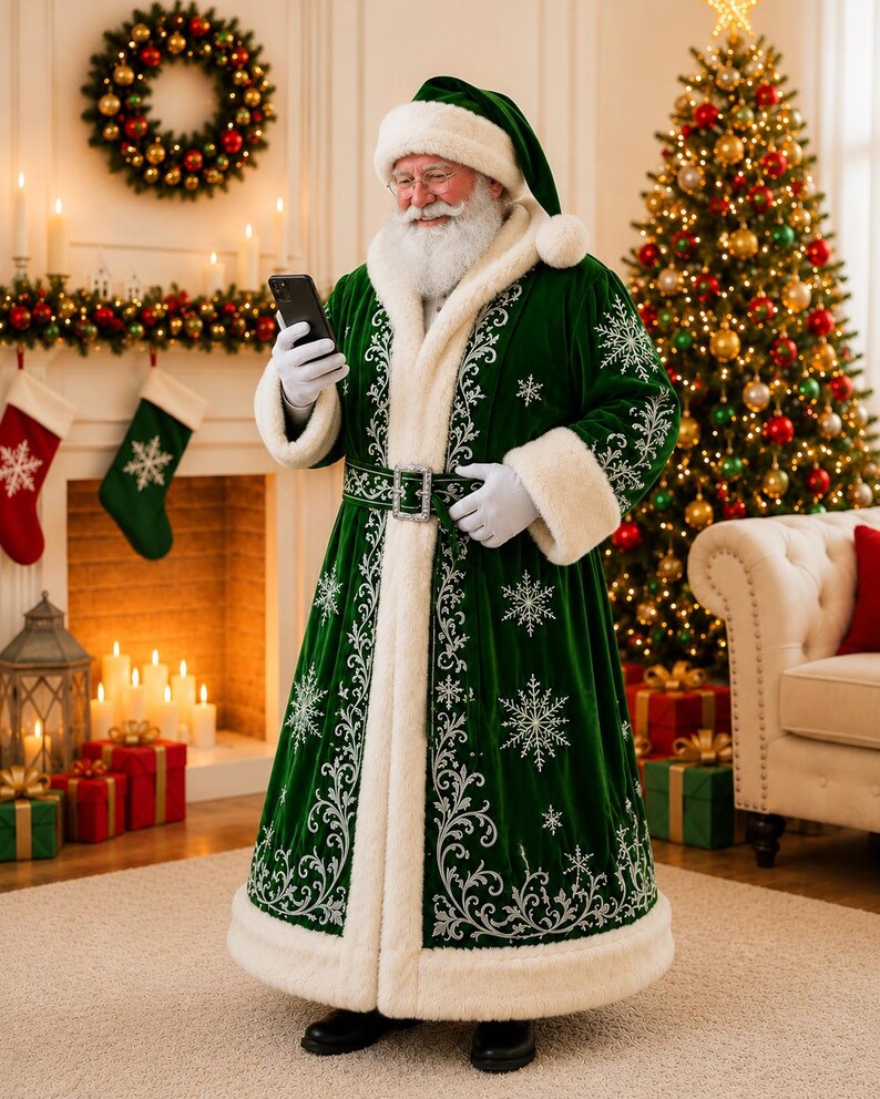 Green Velvet Santa Coat with Hood, view 3