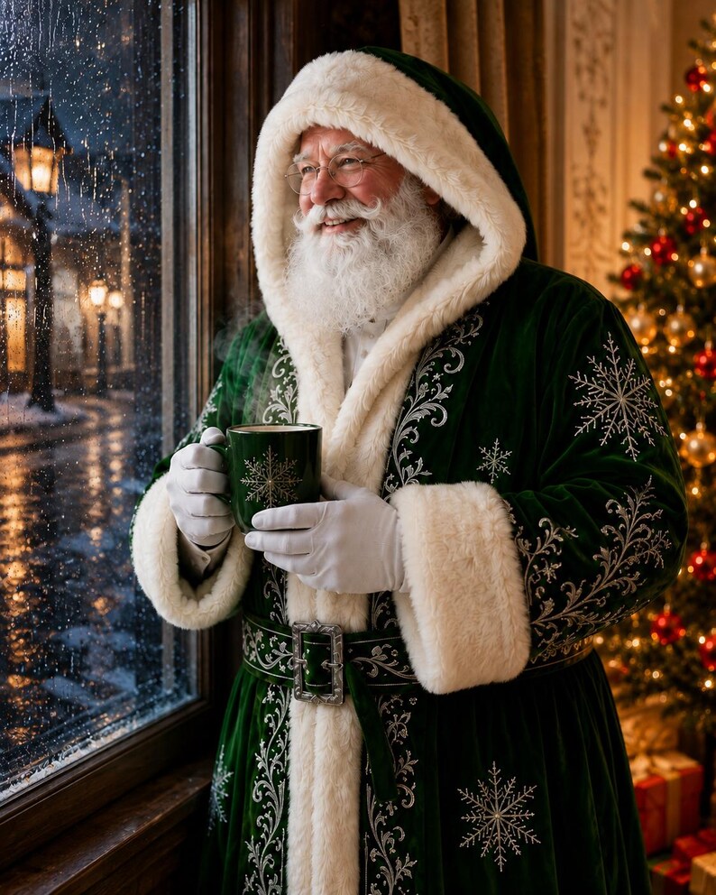 Green Velvet Santa Coat with Hood, view 6