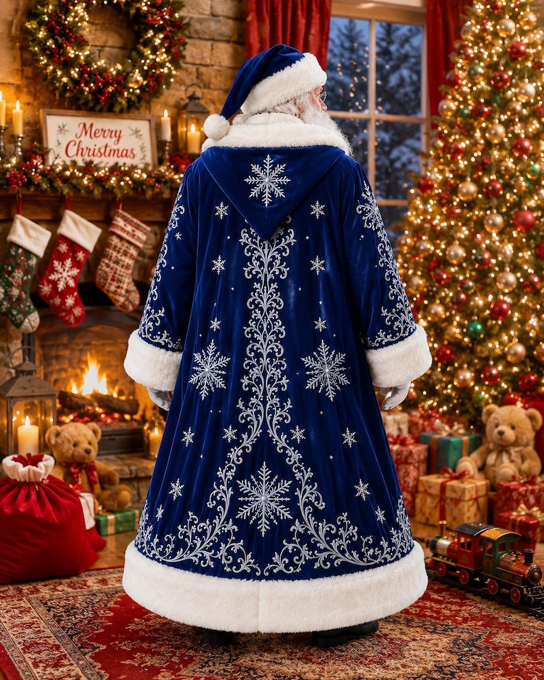 Luxury Blue Velvet Santa Claus Coat with Hood, view 3