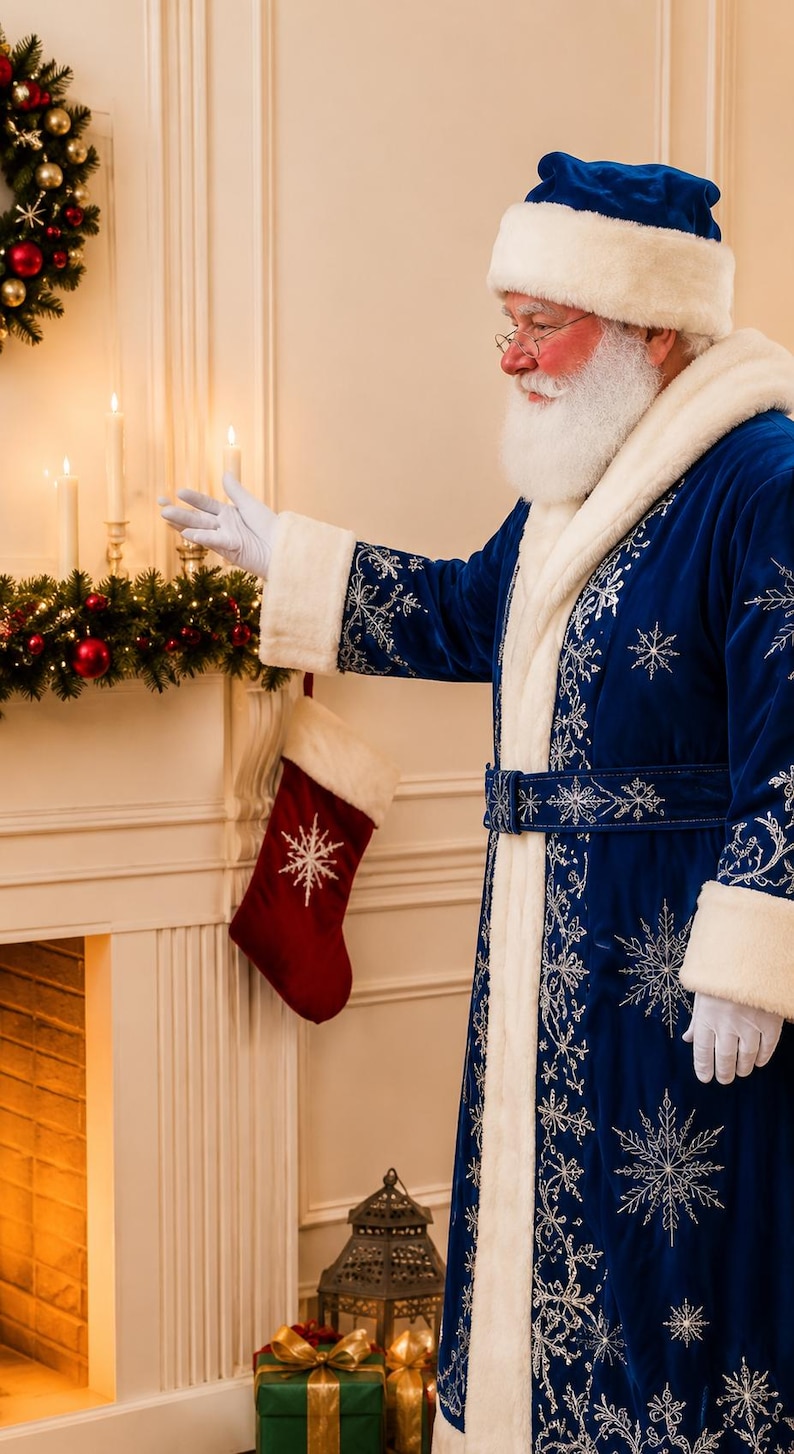 Luxury Blue Velvet Santa Claus Coat with Hood, view 4