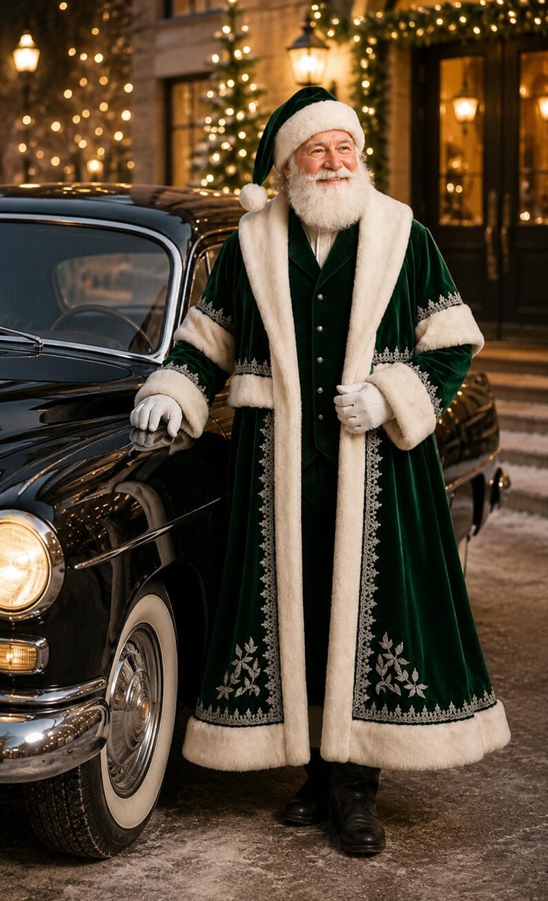 Luxury Green Santa Coat with Silver Embroidery, view 3