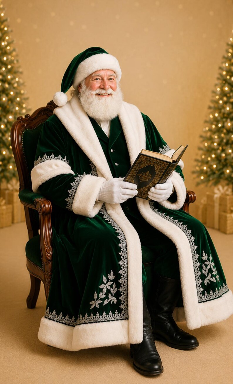 Luxury Green Santa Coat with Silver Embroidery, view 4