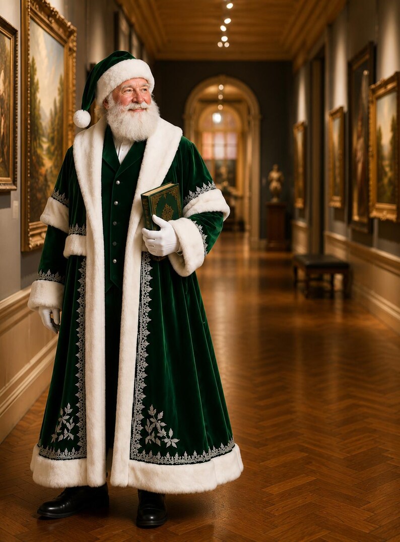 Luxury Green Santa Coat with Silver Embroidery, view 5