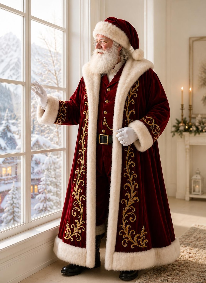 Luxury Red Santa Claus Coat with white faux fur, view 4