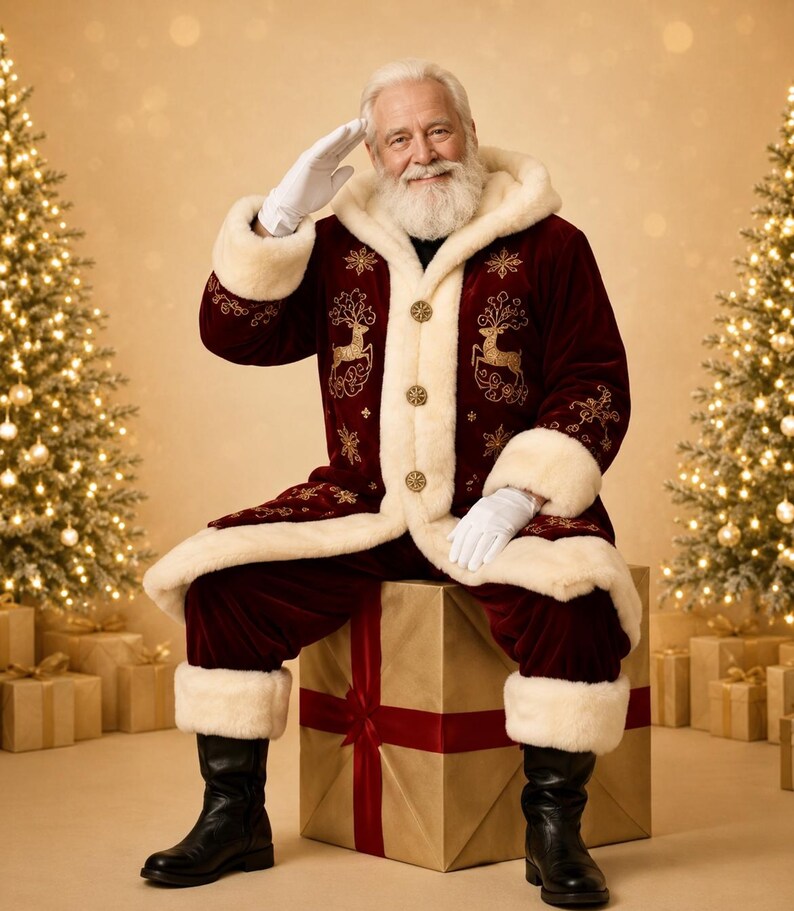 Red Velvet Santa Coat with Golden Embroidery and Faux Fur, view 10