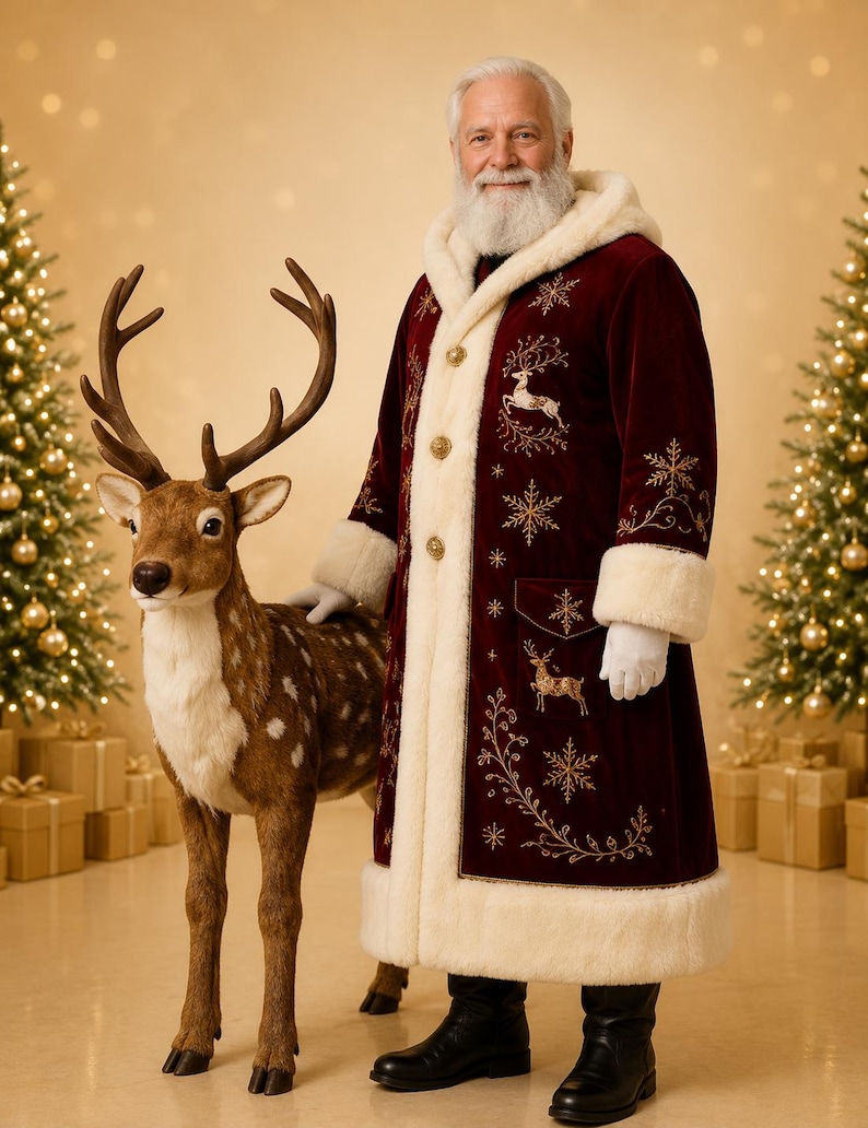 Red Velvet Santa Coat with Golden Embroidery and Faux Fur, view 3