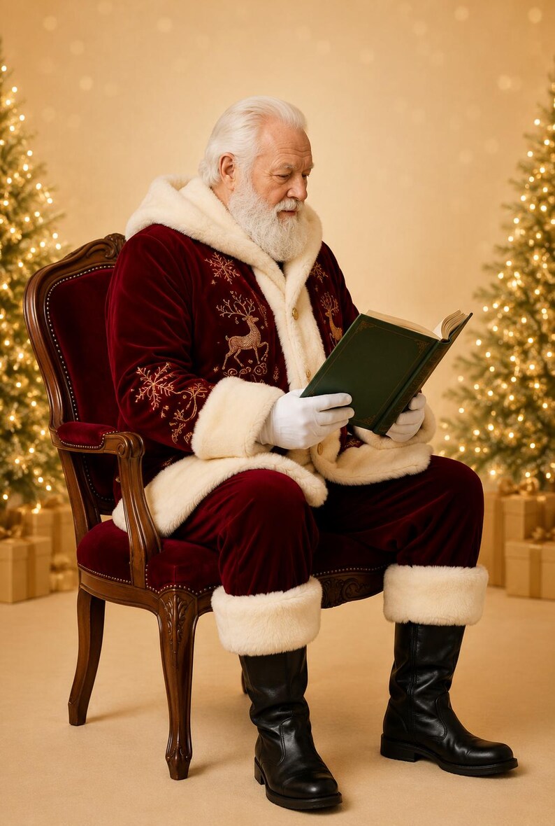 Red Velvet Santa Coat with Golden Embroidery and Faux Fur, view 5