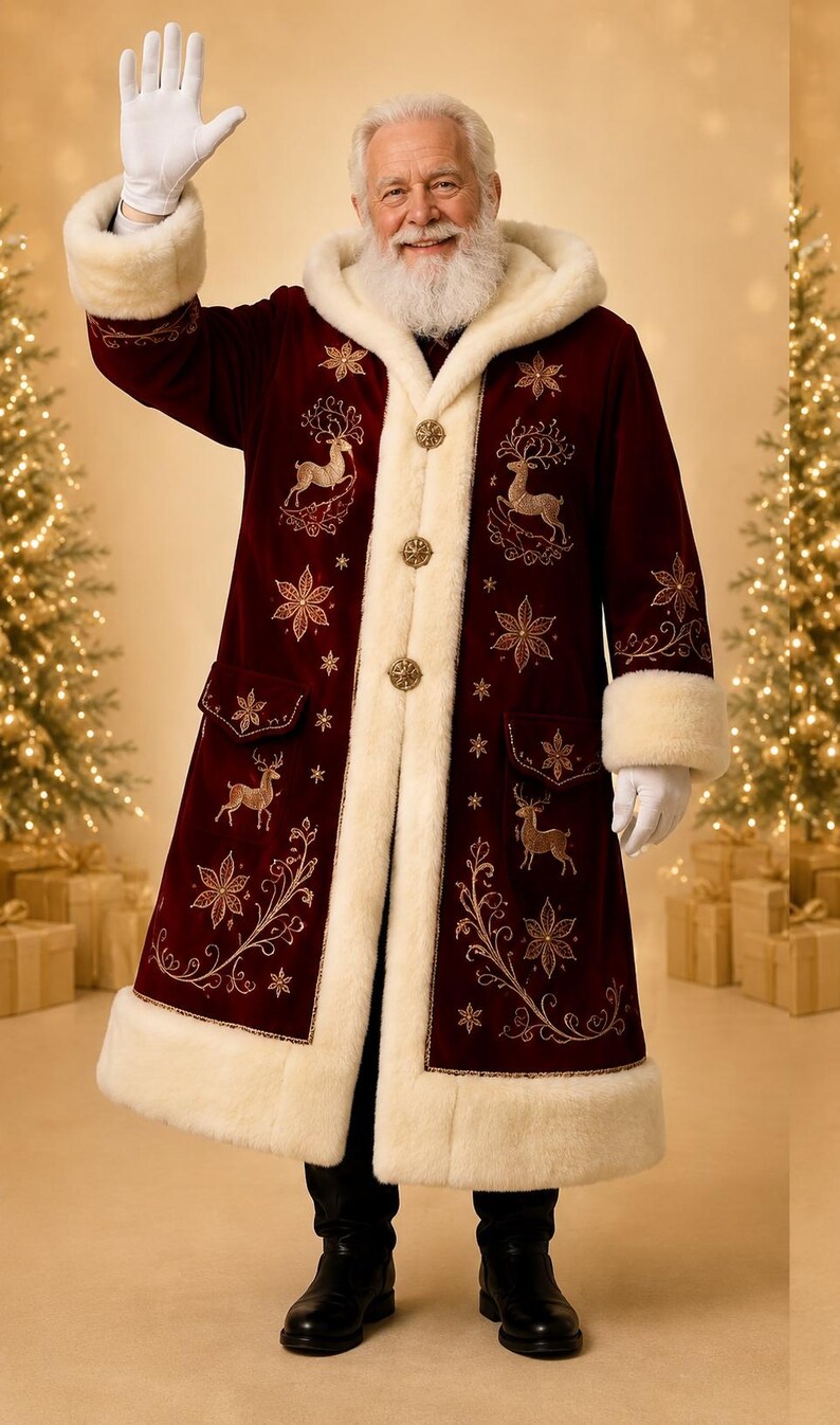 Red Velvet Santa Coat with Golden Embroidery and Faux Fur, view 6