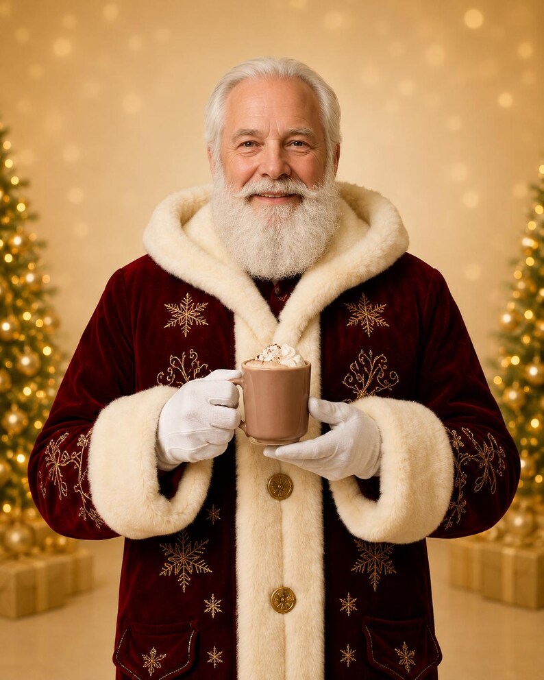 Red Velvet Santa Coat with Golden Embroidery and Faux Fur, view 7