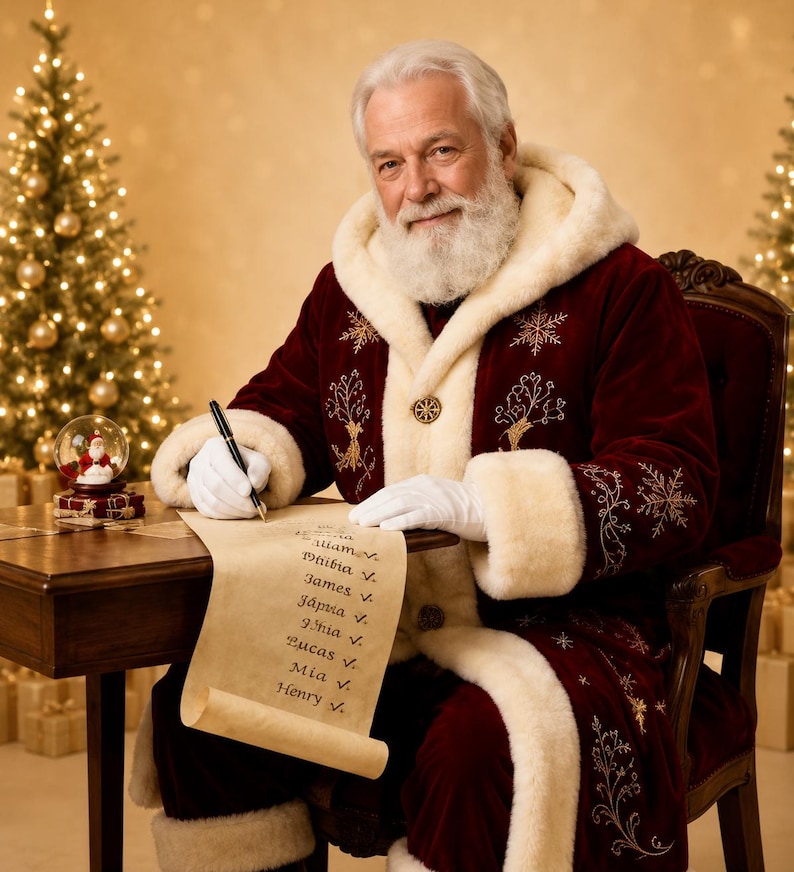 Red Velvet Santa Coat with Golden Embroidery and Faux Fur, view 8